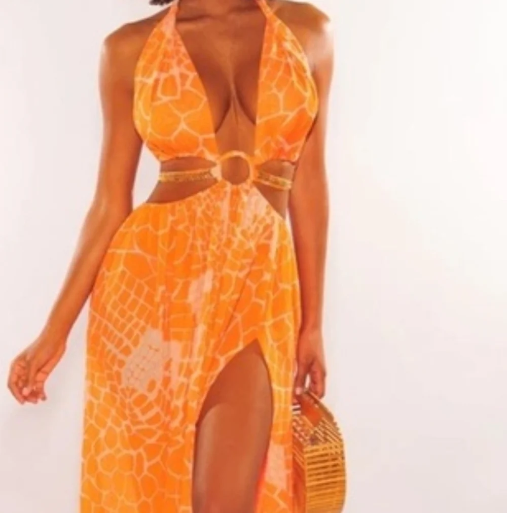 Vibrant Orange Halter Luxxe Maxi Cut - Out Dress With Side Slits (LG Petite) - Picture 4 of 11
